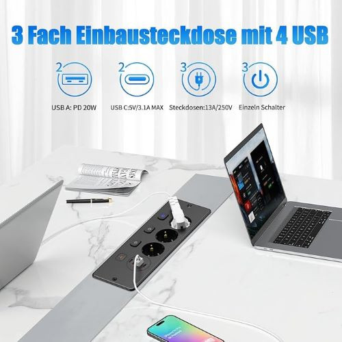 پریز رومیزی ۷ کاره با USB】برند HITRENDS با شارژر سریع PD20W Type C