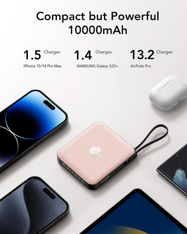 پاوربانک جیبی 10000 میلی آمپر VRURC Mini مدل T1173 (صورتی)