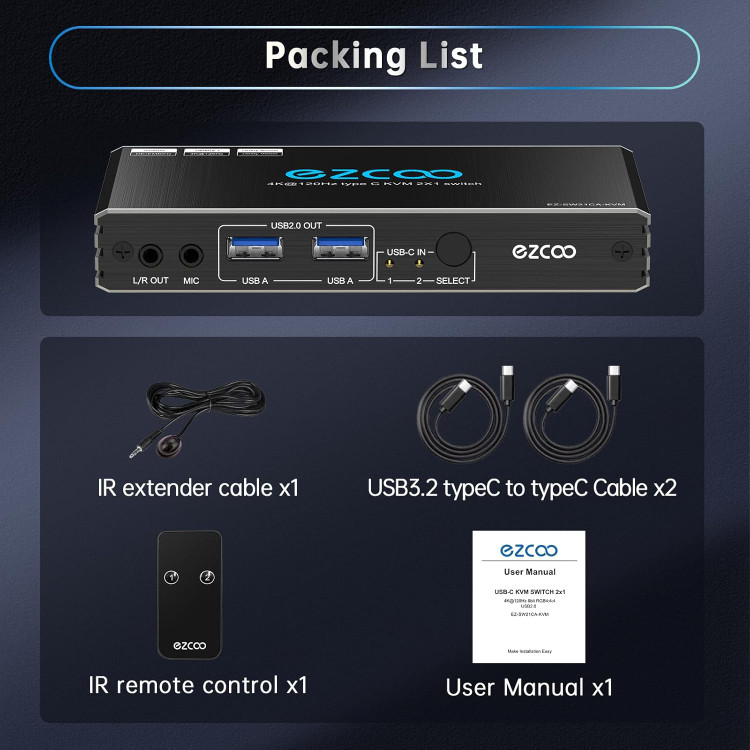 اسپلیتر سوئیچ ۲ پورت KVM USB-C برند EZCOO