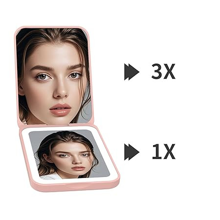 آینه آرایشی تاشو چراغ دار سه حالته شارژی Kintion-صورتی