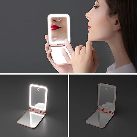 آینه آرایشی تاشو چراغ دار سه حالته شارژی Kintion-صورتی