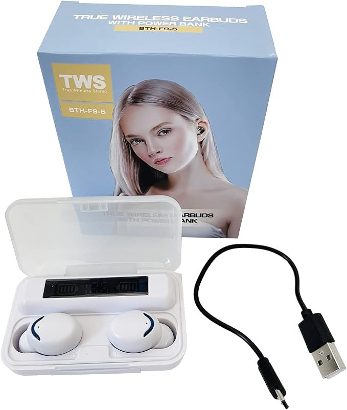هدفون بیسیم TWS با کیفیت بالا BTH-F9-5 به همراه قاب شارژ (پاوربانک) - سفید