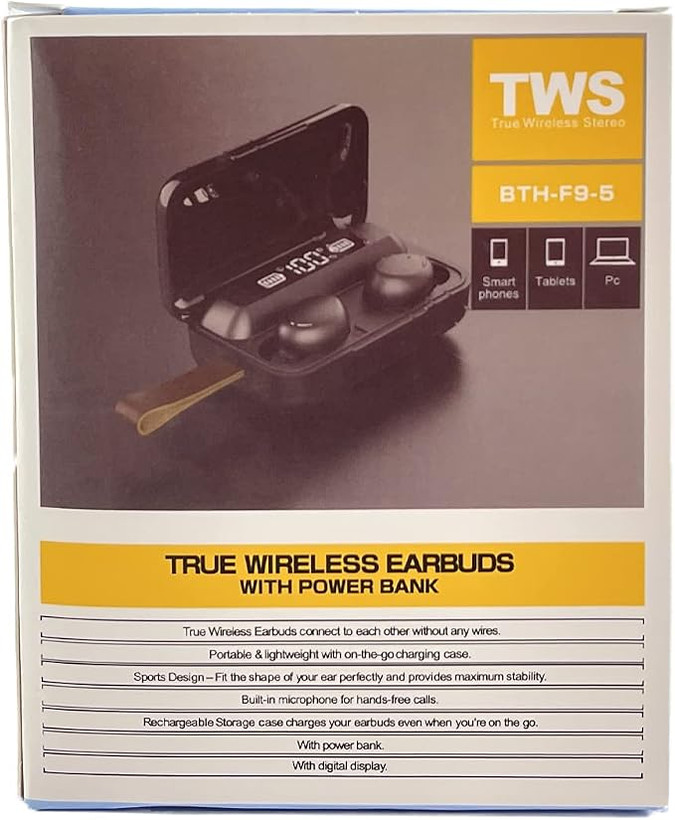 هدفون بیسیم TWS با کیفیت بالا BTH-F9-5 به همراه قاب شارژ (پاوربانک) - سفید