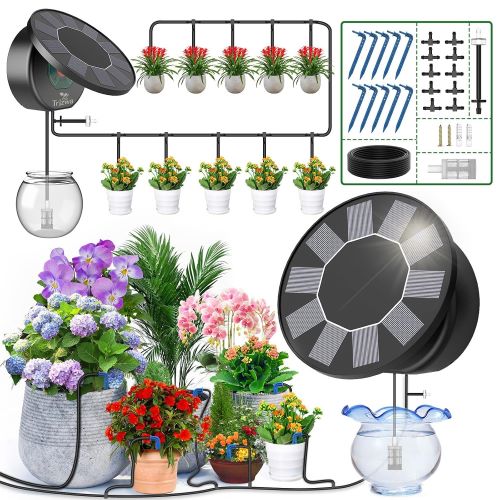 کیت سیستم آبیاری قطره‌ای خودکار خورشیدی، کیت آبیاری خودکار برای سیستم آبیاری باغ DIY با 9 حالت زمان‌بندی و مجموعه ضد سیفون، سیستم آبیاری باغ، بالکن و پاسیو داخلی/خارجی