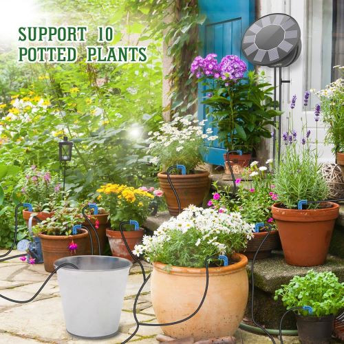 کیت سیستم آبیاری قطرهای خودکار خورشیدی، کیت آبیاری خودکار برای سیستم آبیاری باغ DIY با 9 حالت زمانبندی و مجموعه ضد سیفون، سیستم آبیاری باغ، بالکن و پاسیو داخلی/خارجی