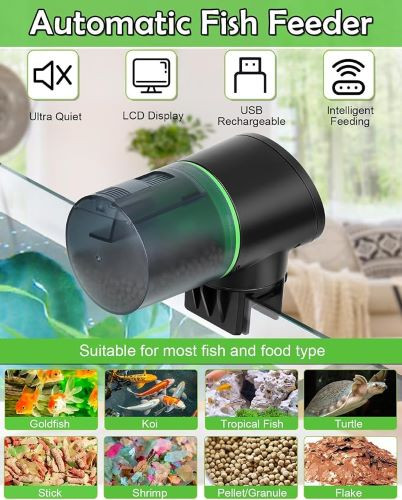 غذادهنده اتوماتیک ماهی، غذادهنده ماهی با کابل شارژ USB، غذادهنده ماهی برای آکواریوم، مخزن ماهی، مشکی