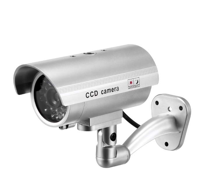 دوربین مداربسته تقلبی XYWHPGV، سیستم نظارت تصویری ساختگی با چراغ هشدار LED قرمز چشمک زن، برچسب برای فضای باز منزل و داخل منزل، نقره ای (پک 2 عددی)