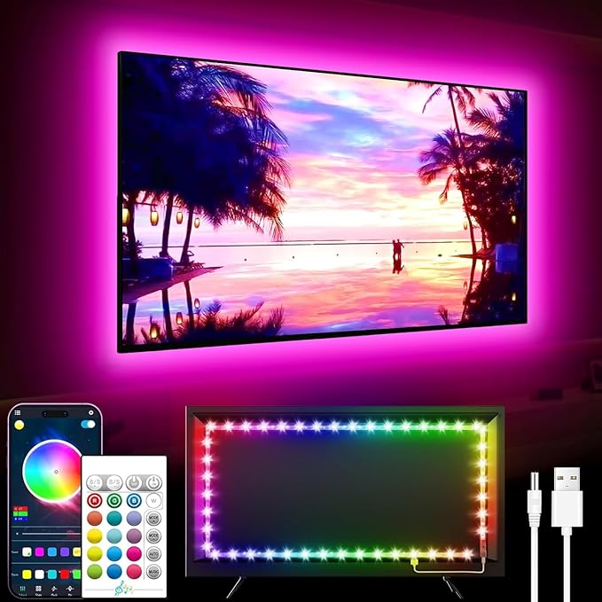 چراغ‌های LED برای تلویزیون، نور پس زمینه تلویزیون LED 7M، برای تلویزیون 65-85 اینچ، چراغ تلویزیون LED همگام سازی موسیقی با عملکرد بلوتوث - نوار نورانی با رنگ متغیر RGB برای سینمای خانگی [کلاس انرژی F]